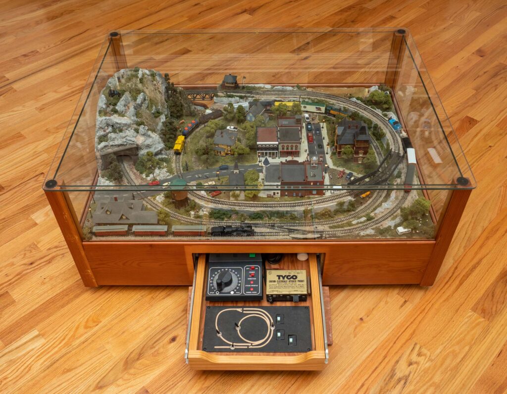 North Birk coffee table with train controls